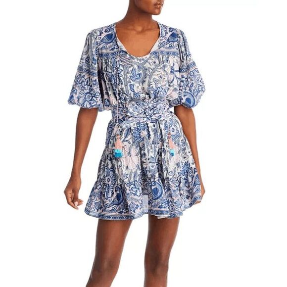Bell Blue Pink Floral Paisley Amelia Short Sleeve Mini Dress Women's Size Small - Picture 1 of 7
